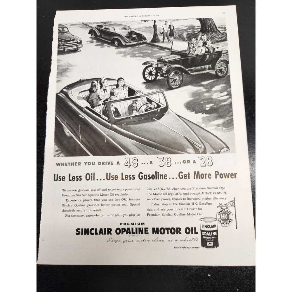 Sinclair Magazine Ad 1948 Premium Gasoline Motor Oil Dino Logo Vintage Cars